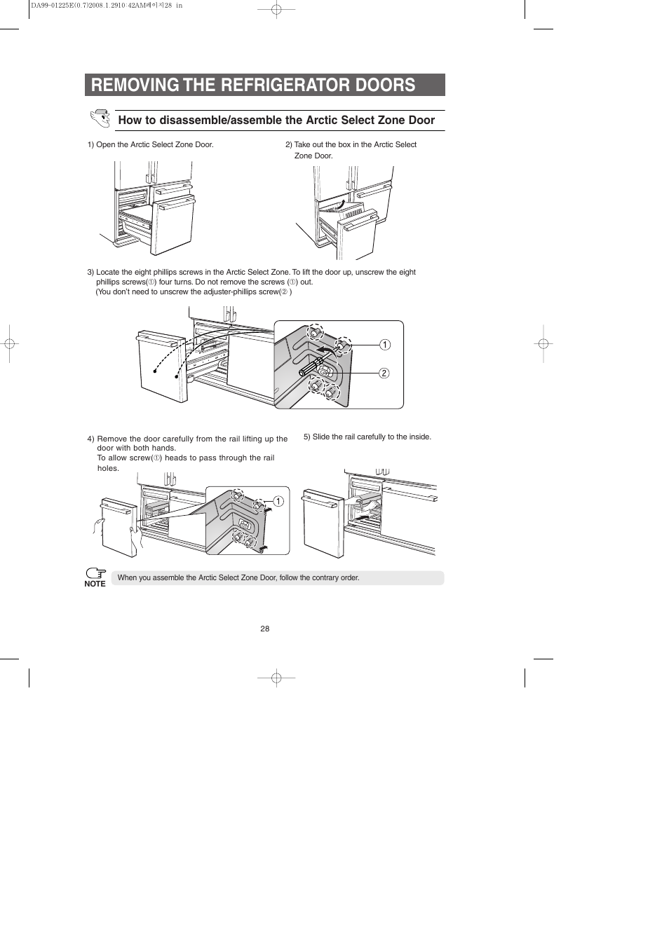 Removing the refrigerator doors | Samsung DA99-01225E User Manual | Page 28 / 40