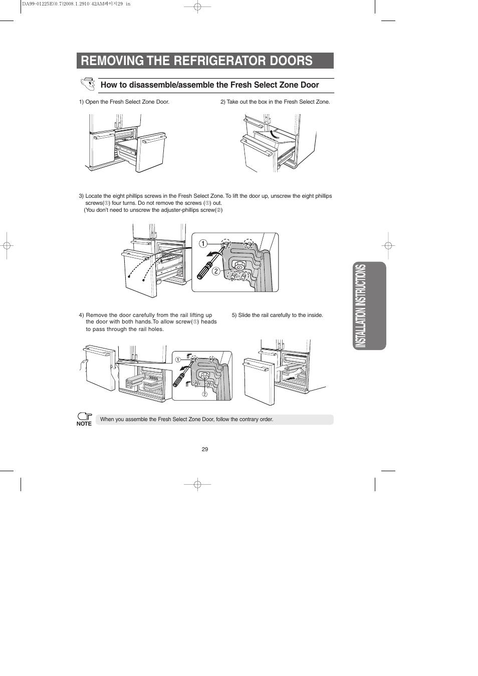 Inst alla tion instr uctions, Removing the refrigerator doors | Samsung DA99-01225E User Manual | Page 29 / 40