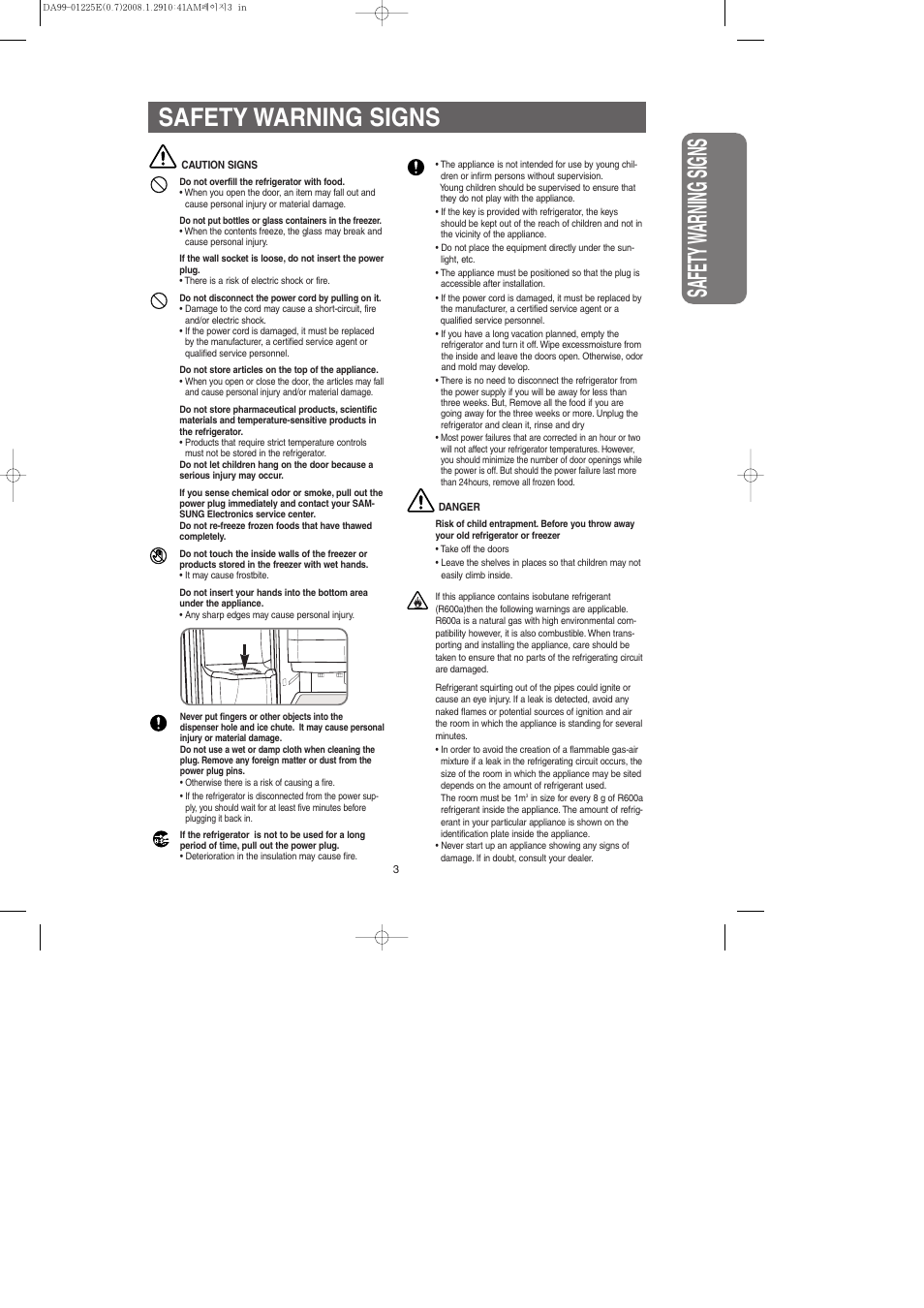 Safety w arning signs, Safety warning signs | Samsung DA99-01225E User Manual | Page 3 / 40