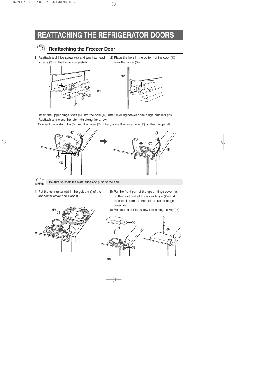 Reattaching the refrigerator doors, Reattaching the freezer door | Samsung DA99-01225E User Manual | Page 30 / 40