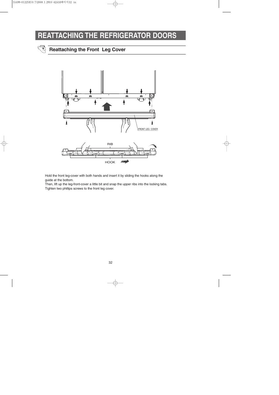 Reattaching the refrigerator doors | Samsung DA99-01225E User Manual | Page 32 / 40