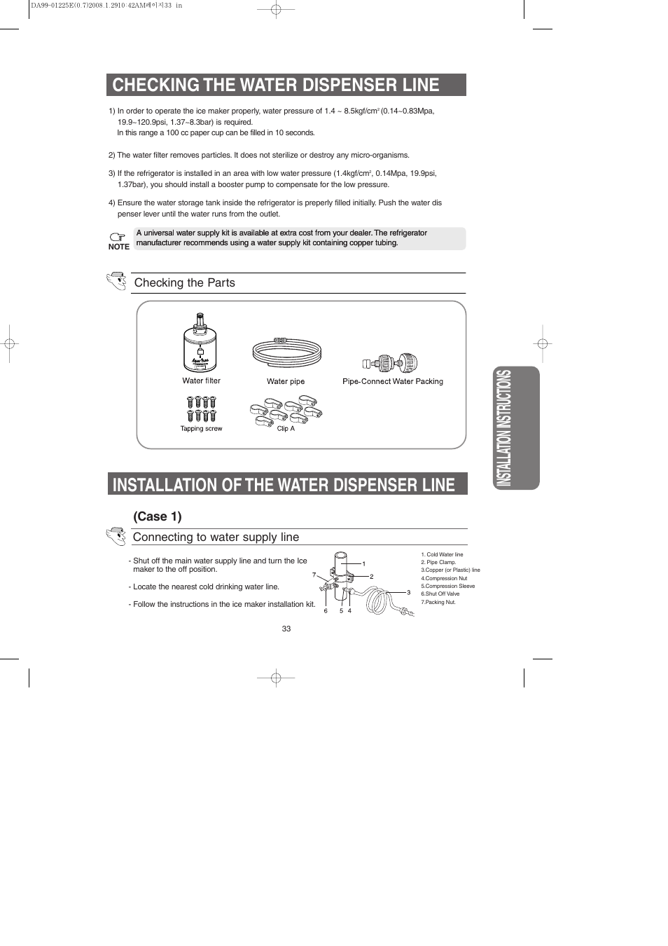 Checking the water dispenser line, Installation of the water dispenser line, Inst alla tion instr uctions | Case 1) | Samsung DA99-01225E User Manual | Page 33 / 40