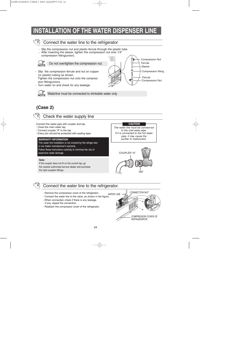 Installation of the water dispenser line, Case 2), Connect the water line to the refrigerator | Samsung DA99-01225E User Manual | Page 34 / 40