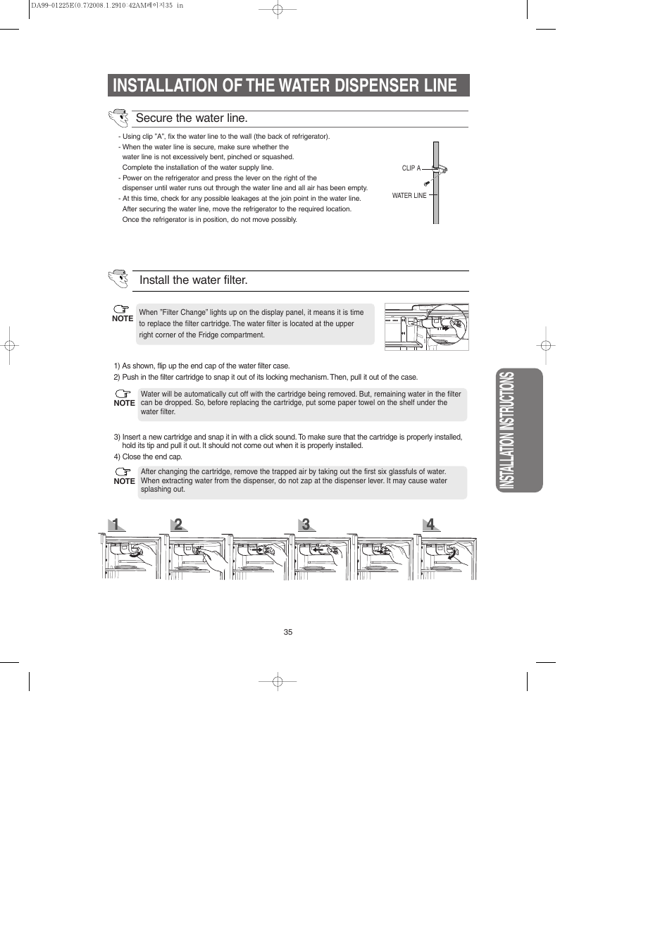 Inst alla tion instr uctions, Installation of the water dispenser line | Samsung DA99-01225E User Manual | Page 35 / 40