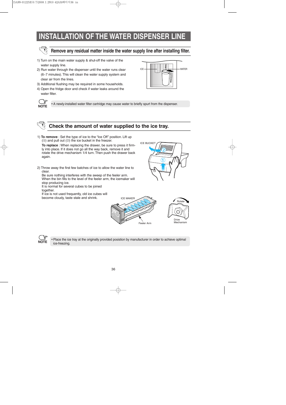 Installation of the water dispenser line, Check the amount of water supplied to the ice tray | Samsung DA99-01225E User Manual | Page 36 / 40