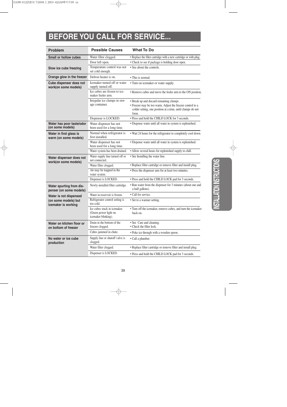 Inst alla tion instr uctions, Before you call for service | Samsung DA99-01225E User Manual | Page 39 / 40