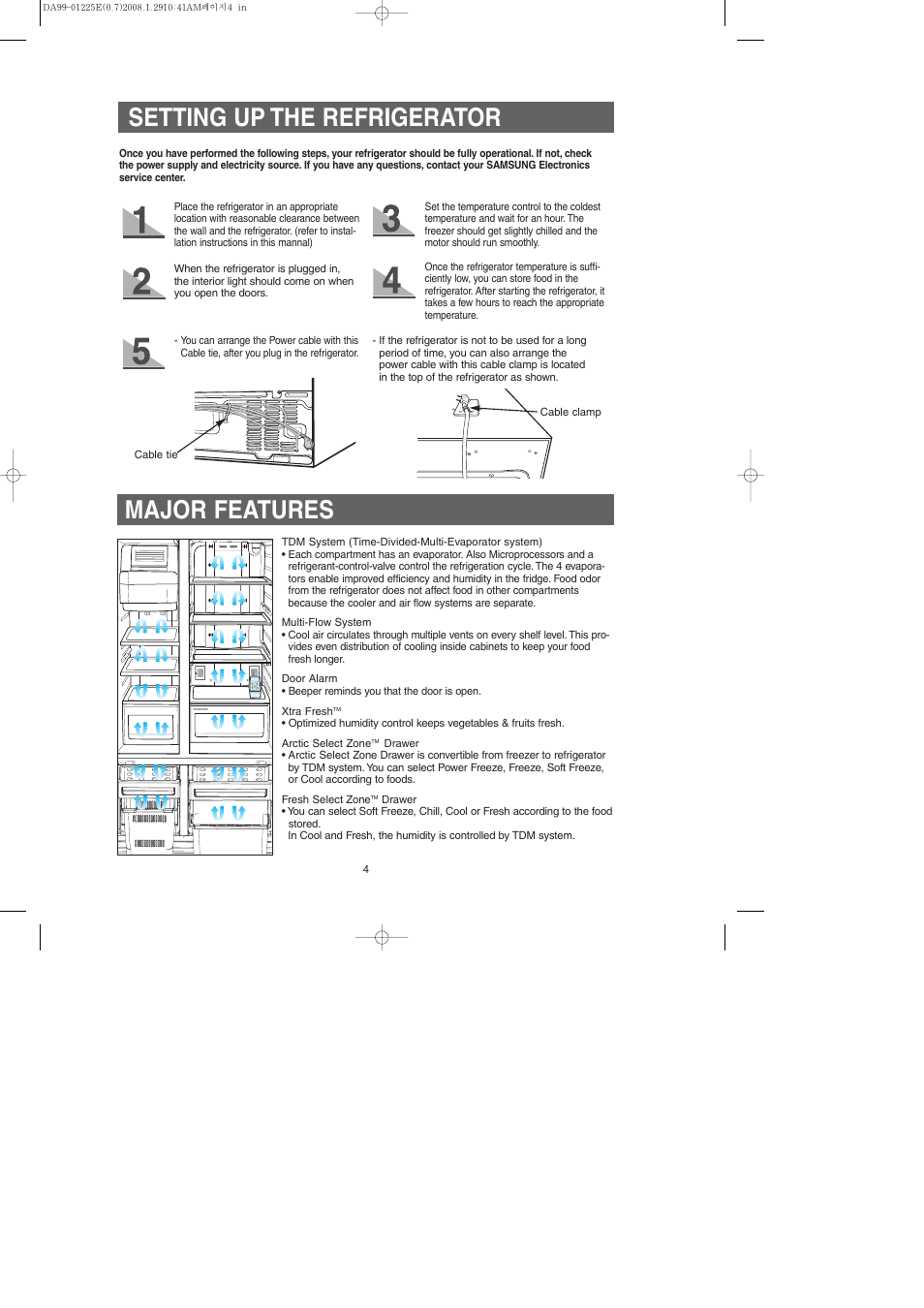 Setting up the refrigerator, Major features | Samsung DA99-01225E User Manual | Page 4 / 40