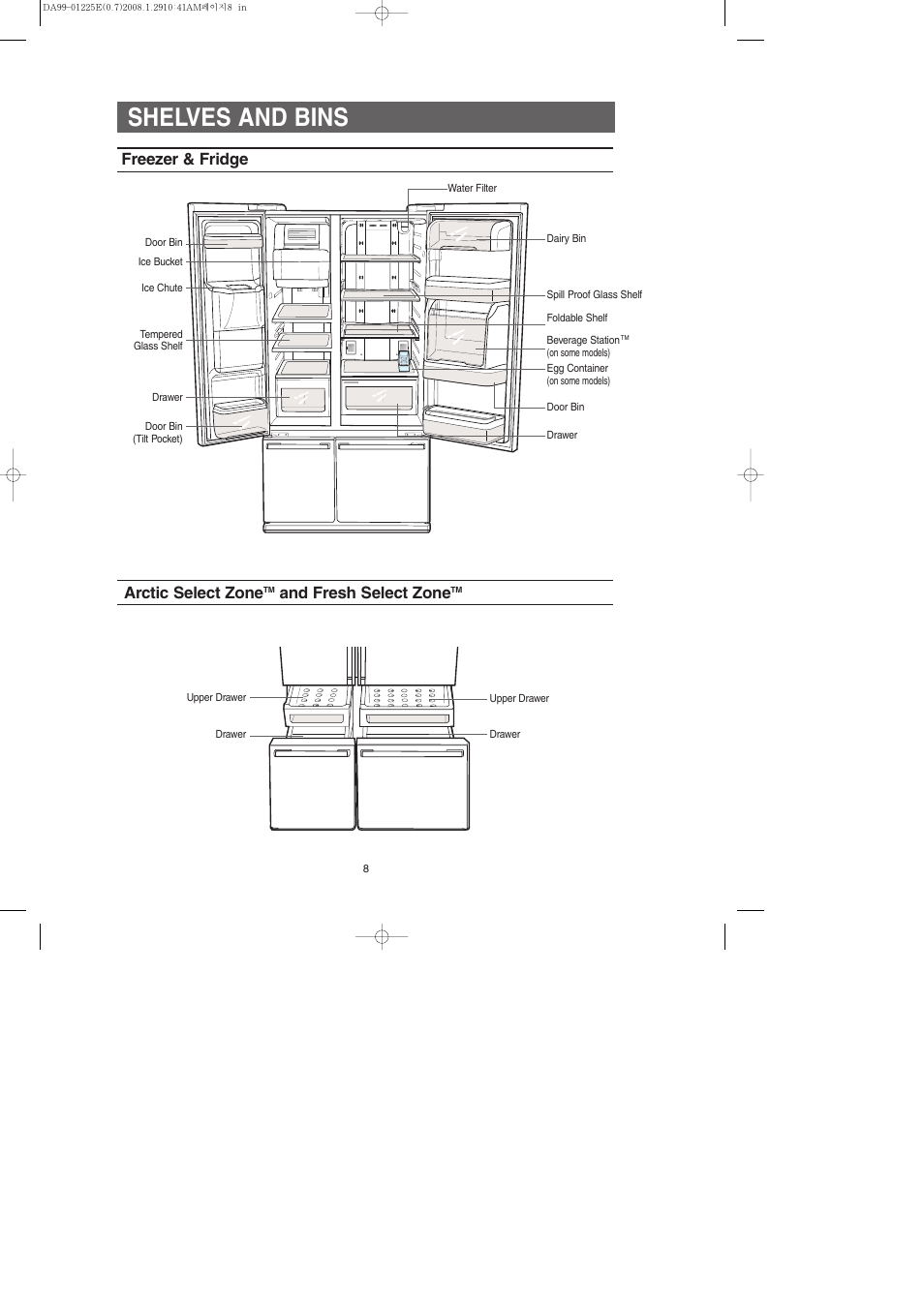 Shelves and bins, Freezer & fridge arctic select zone, And fresh select zone | Samsung DA99-01225E User Manual | Page 8 / 40