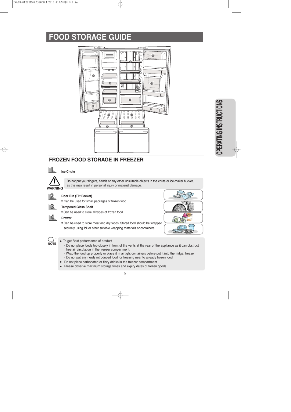 Food storage guide, Opera ting instr uctions, Frozen food storage in freezer | Samsung DA99-01225E User Manual | Page 9 / 40