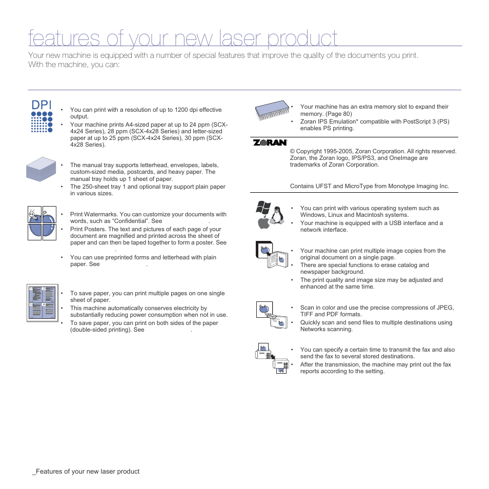 Features of your new laser product, Special features | Samsung SCX-4828FN User Manual | Page 2 / 143