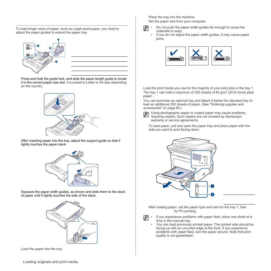 Changing the size of the paper in the paper tray, Loading paper, Loading paper in the tray 1 or optional tray | Samsung SCX-4828FN User Manual | Page 34 / 143