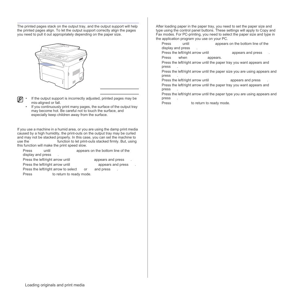 Adjusting the output support, Stacking papers firmly, Setting the paper size and type | Samsung SCX-4828FN User Manual | Page 36 / 143