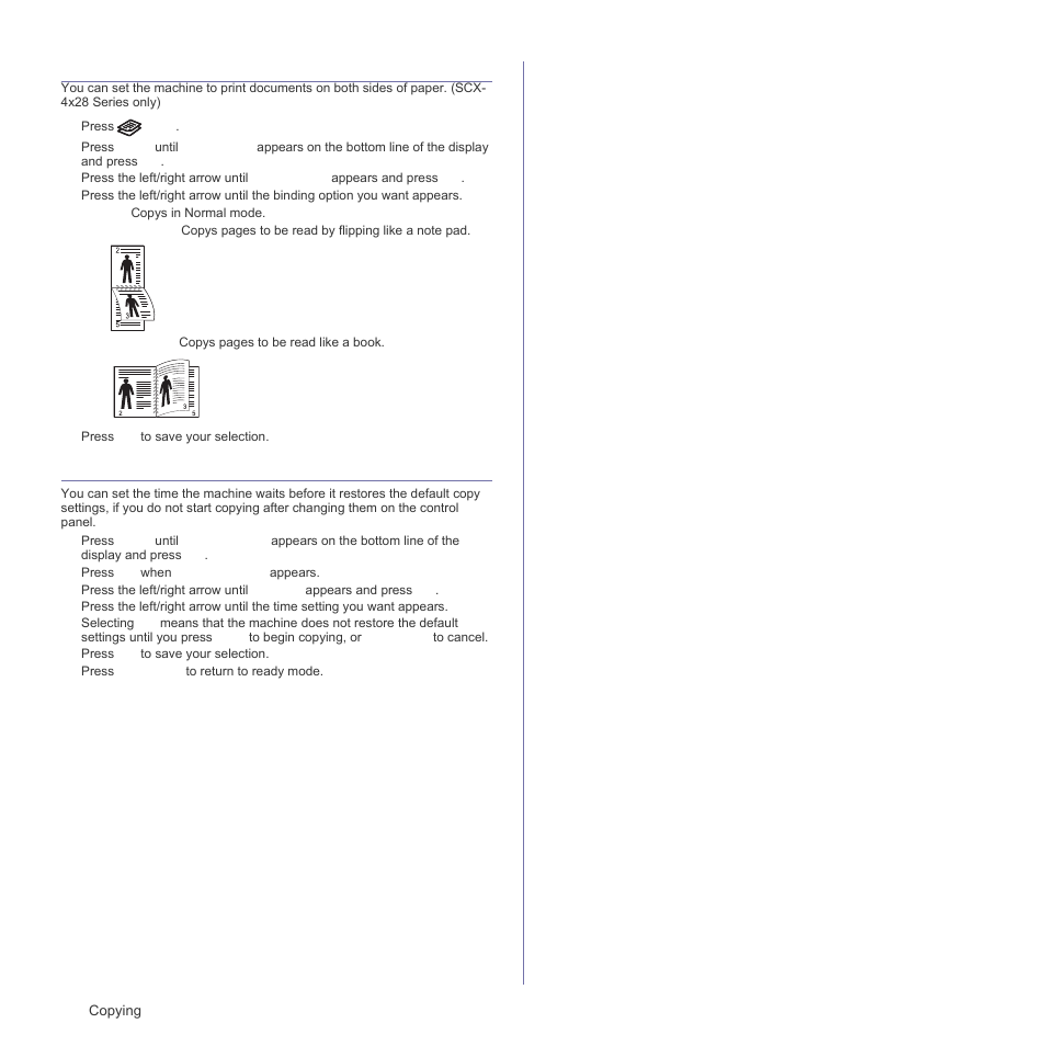 Printing on both sides of paper, Setting copy timeout | Samsung SCX-4828FN User Manual | Page 40 / 143