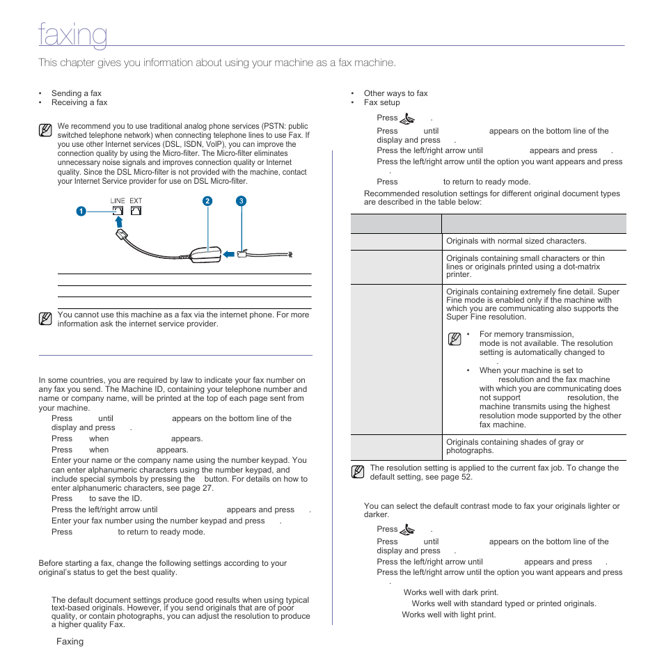 Faxing, Sending a fax, Setting the fax header | Adjusting the document settings | Samsung SCX-4828FN User Manual | Page 46 / 143