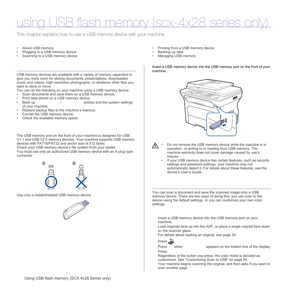 Using usb flash memory (scx-4x28 series only), About usb memory, Plugging in a usb memory device | Scanning to a usb memory device, Scanning, Age 54 | Samsung SCX-4828FN User Manual | Page 54 / 143