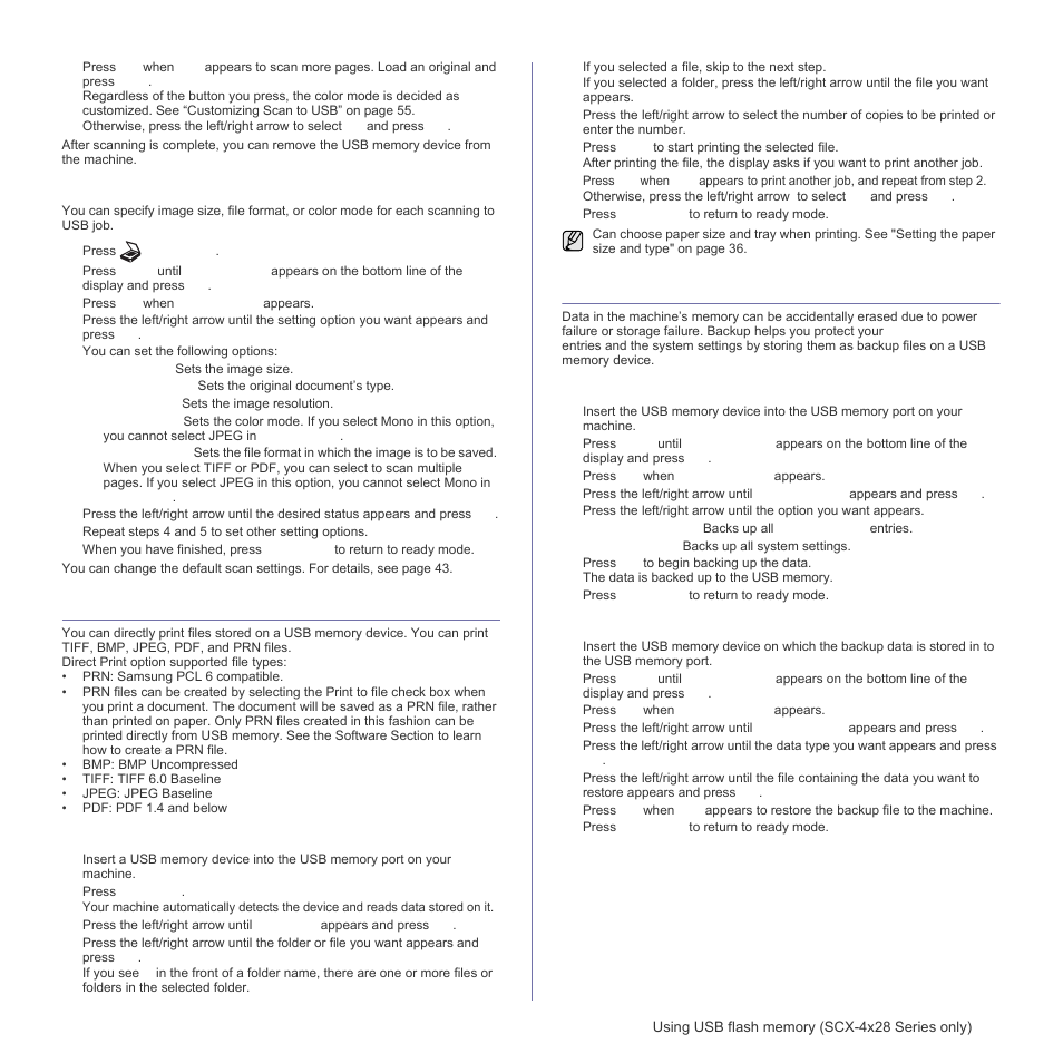 Customizing scan to usb, Printing from a usb memory device, To print a document from a usb memory device | Backing up data, Restoring data, Customizing scan to usb” on, Age 55 | Samsung SCX-4828FN User Manual | Page 55 / 143
