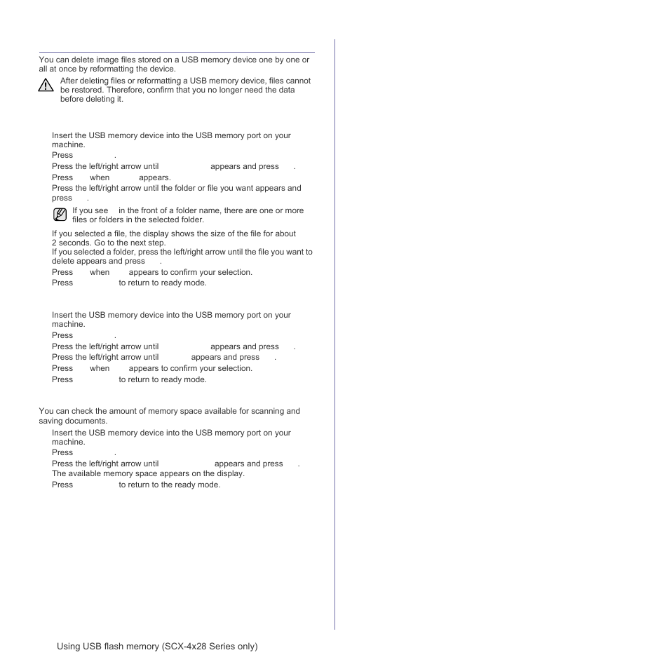 Managing usb memory, Deleting an image file, Formatting a usb memory device | Viewing the usb memory status | Samsung SCX-4828FN User Manual | Page 56 / 143