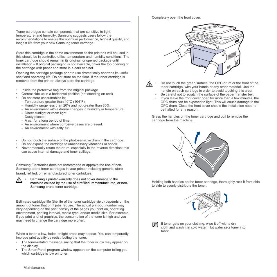 Maintaining the cartridge, Toner cartridge storage, Handling instructions | Use of non-samsung and refilled toner cartridge, Estimated cartridge life, Redistributing toner, R. (see | Samsung SCX-4828FN User Manual | Page 60 / 143
