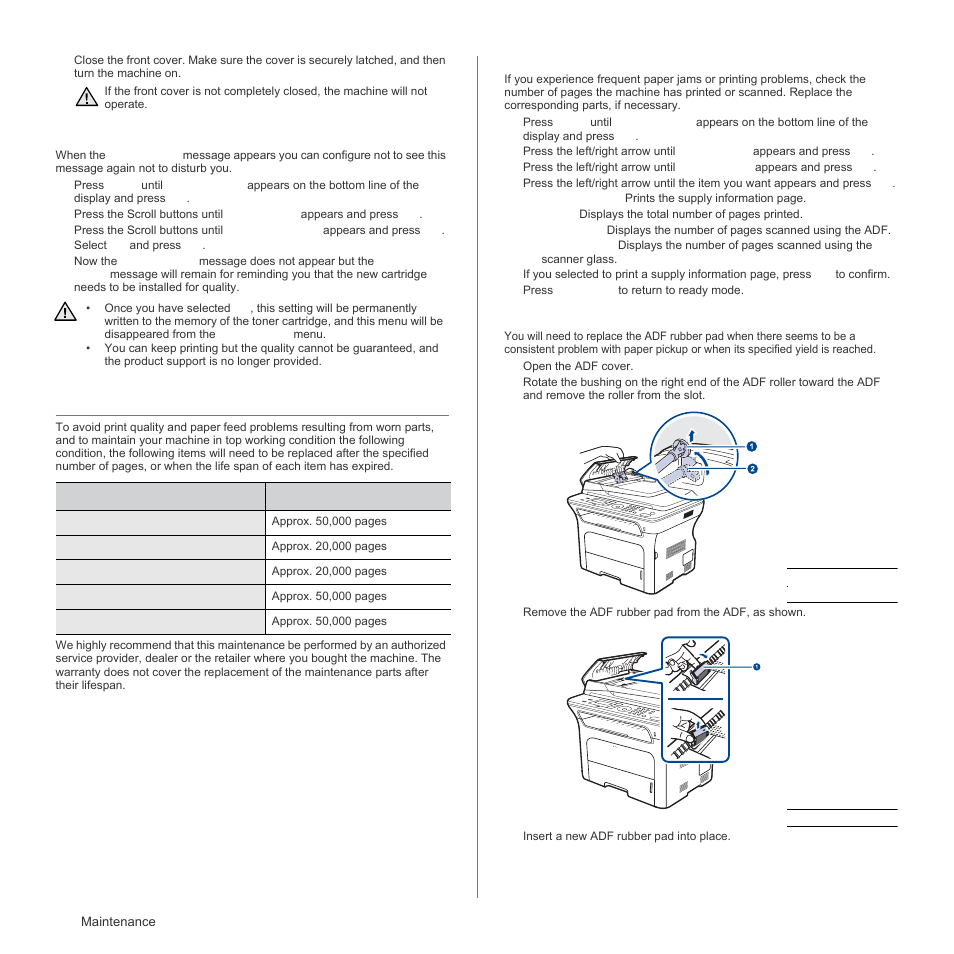 Clearing the toner empty message, Maintenance parts, Checking replaceables | Replacing the adf rubber pad | Samsung SCX-4828FN User Manual | Page 62 / 143