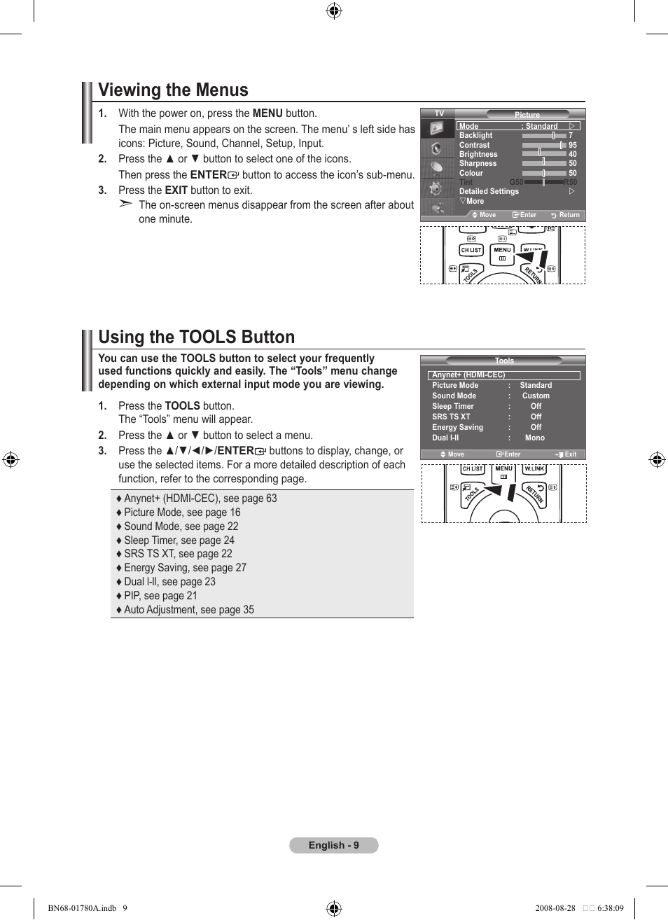 Viewing the menus, Using the tools button | Samsung BN68-01780A-00 User Manual | Page 11 / 79