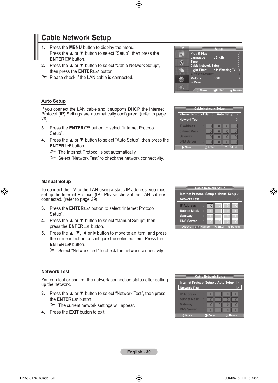 Cable network setup | Samsung BN68-01780A-00 User Manual | Page 32 / 79