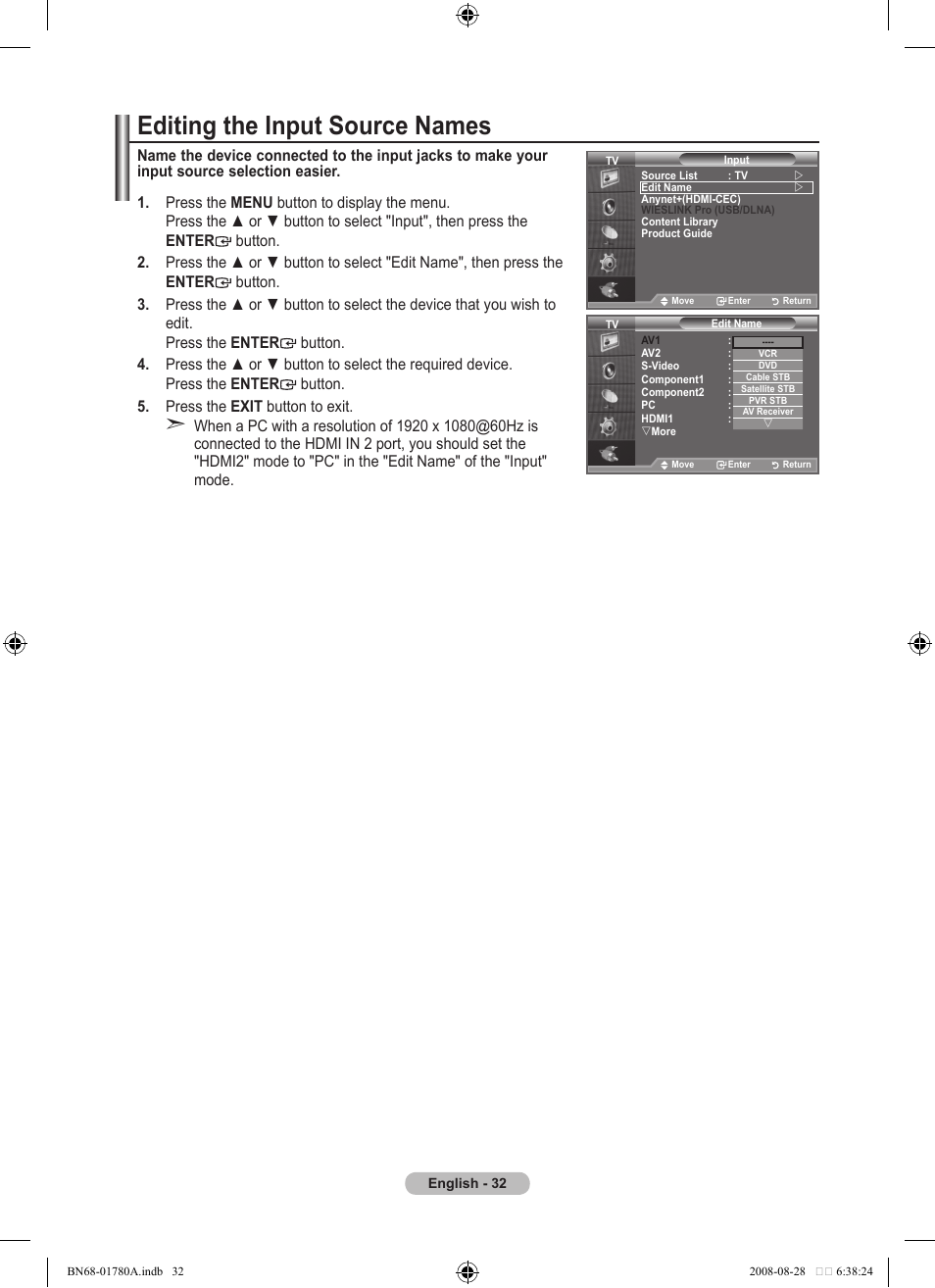 Editing the input source names | Samsung BN68-01780A-00 User Manual | Page 34 / 79