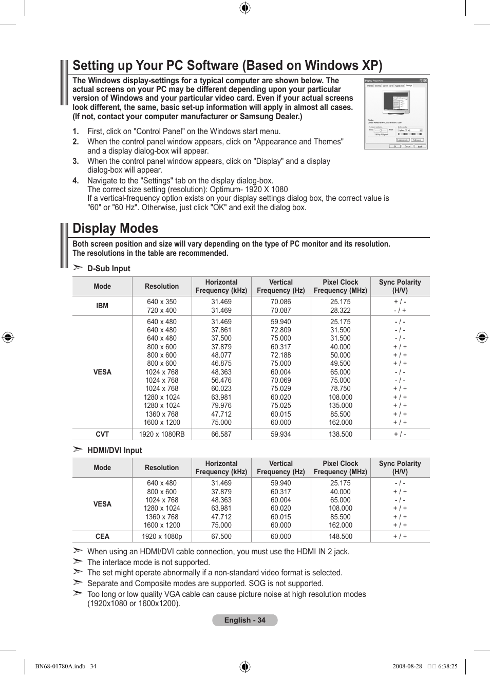 Setting the pc, Setting up your pc software (based on windows xp), Display modes | Samsung BN68-01780A-00 User Manual | Page 36 / 79