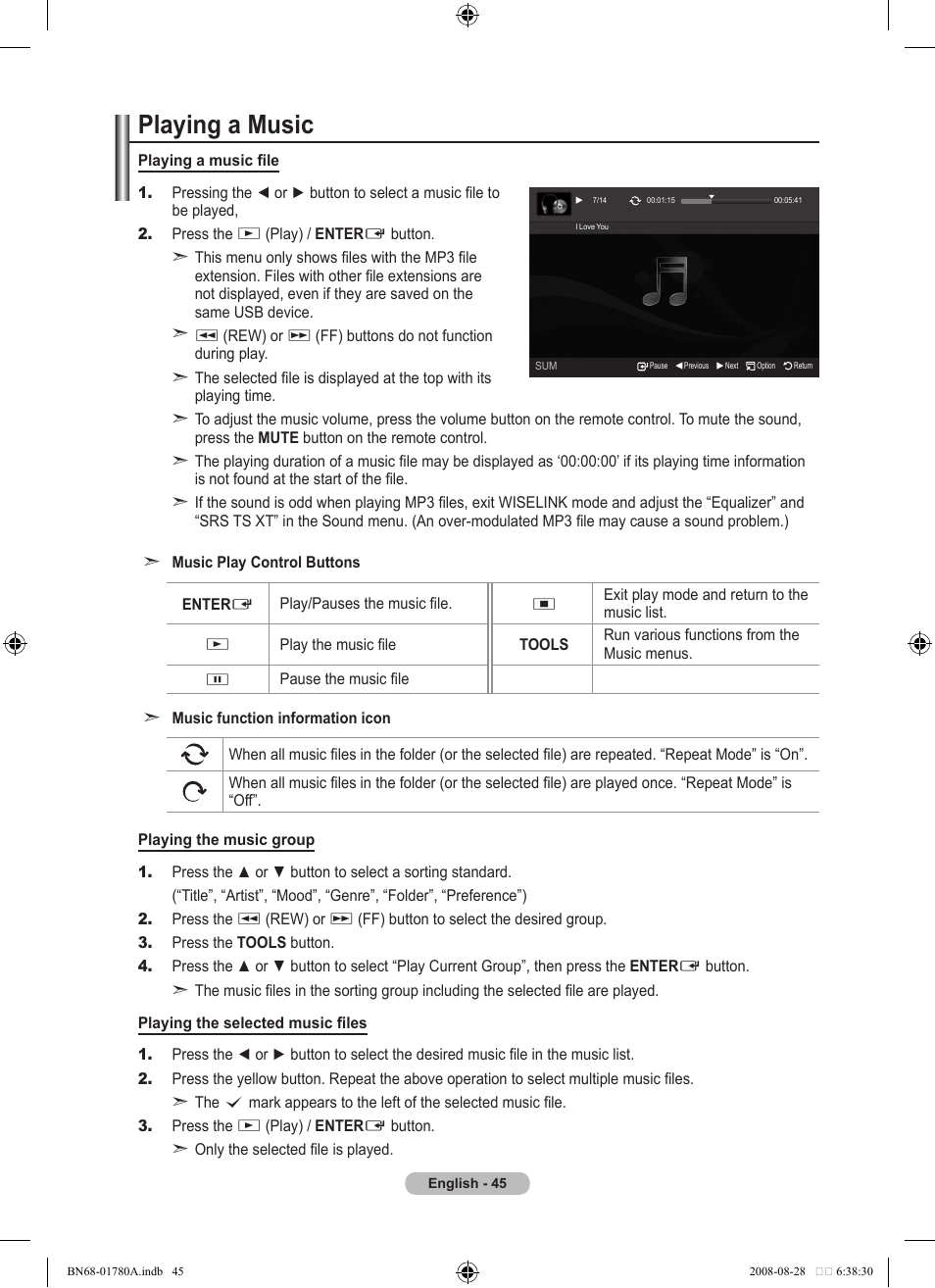 Playing a music | Samsung BN68-01780A-00 User Manual | Page 47 / 79