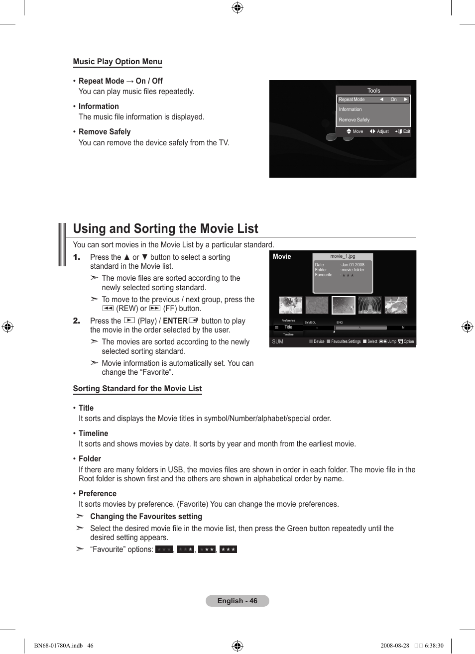Using and sorting the movie list | Samsung BN68-01780A-00 User Manual | Page 48 / 79