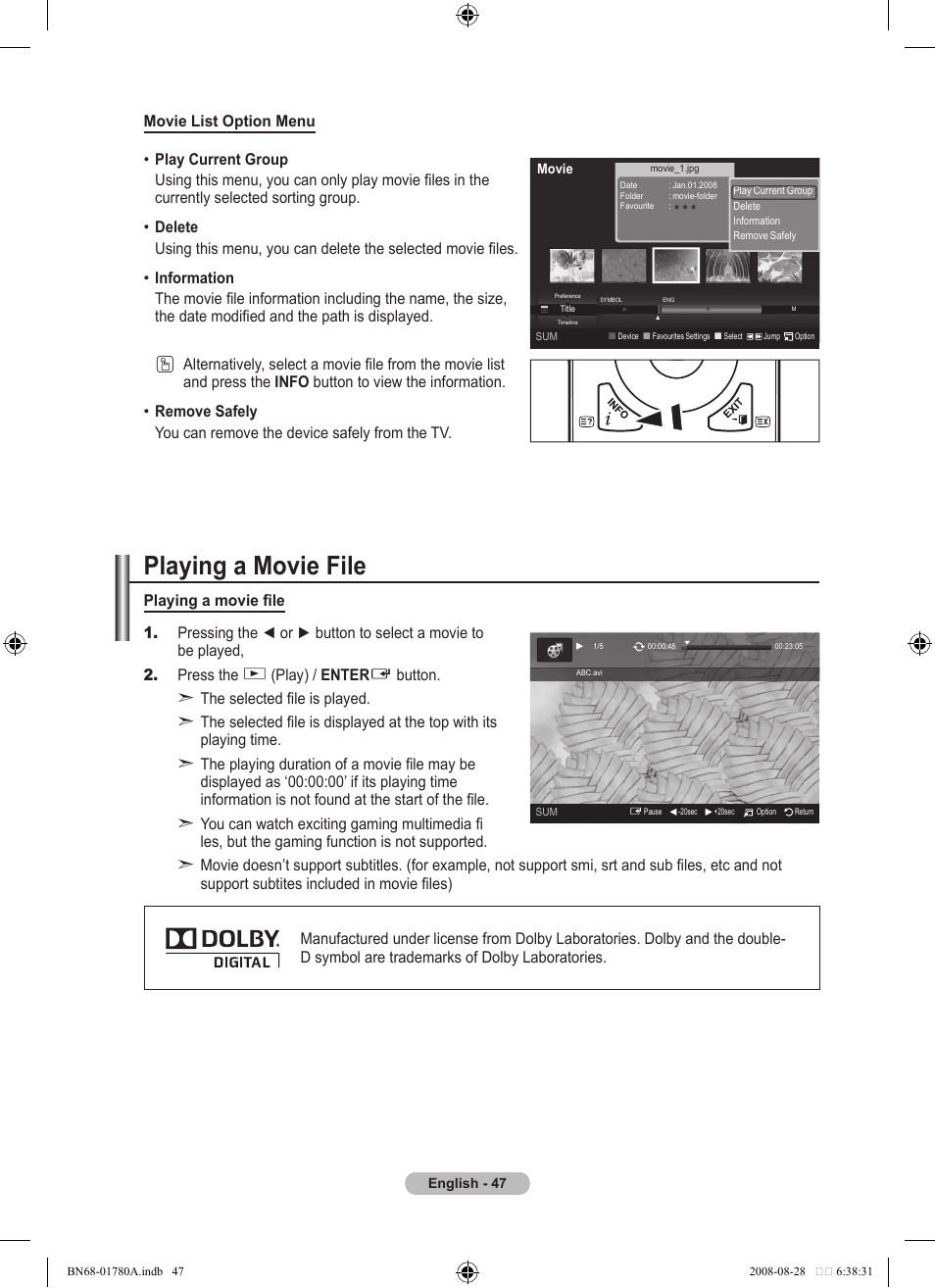 Playing a movie file, Play) / enter | Samsung BN68-01780A-00 User Manual | Page 49 / 79