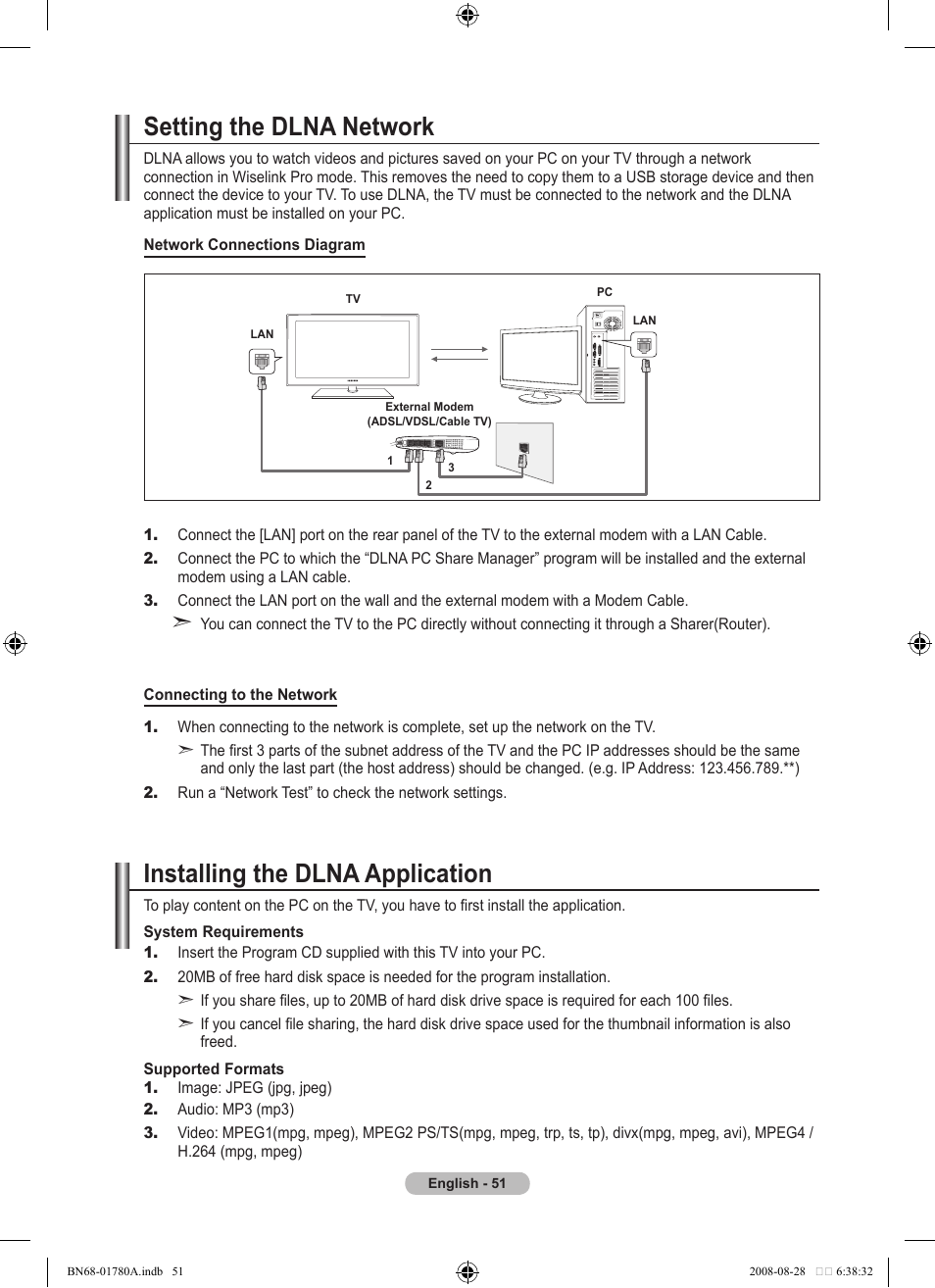 Wiselink pro-dlna, Setting the dlna network, Installing the dlna application | Samsung BN68-01780A-00 User Manual | Page 53 / 79