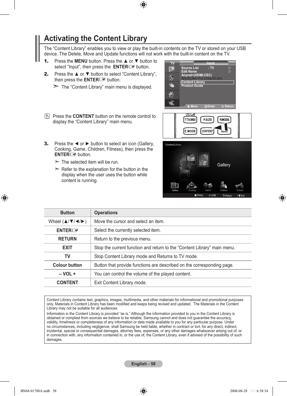 Content library, Activating the content library | Samsung BN68-01780A-00 User Manual | Page 60 / 79