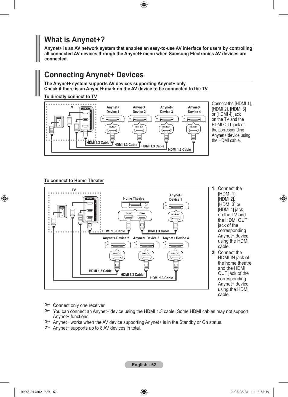About anynet, What is anynet, Connecting anynet+ devices | Samsung BN68-01780A-00 User Manual | Page 64 / 79