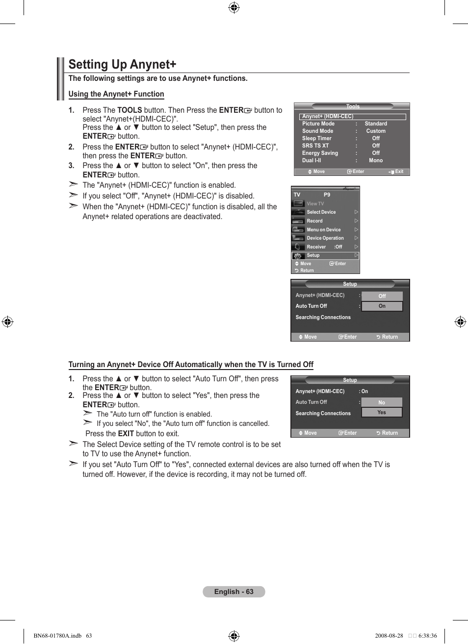 Setting up anynet | Samsung BN68-01780A-00 User Manual | Page 65 / 79