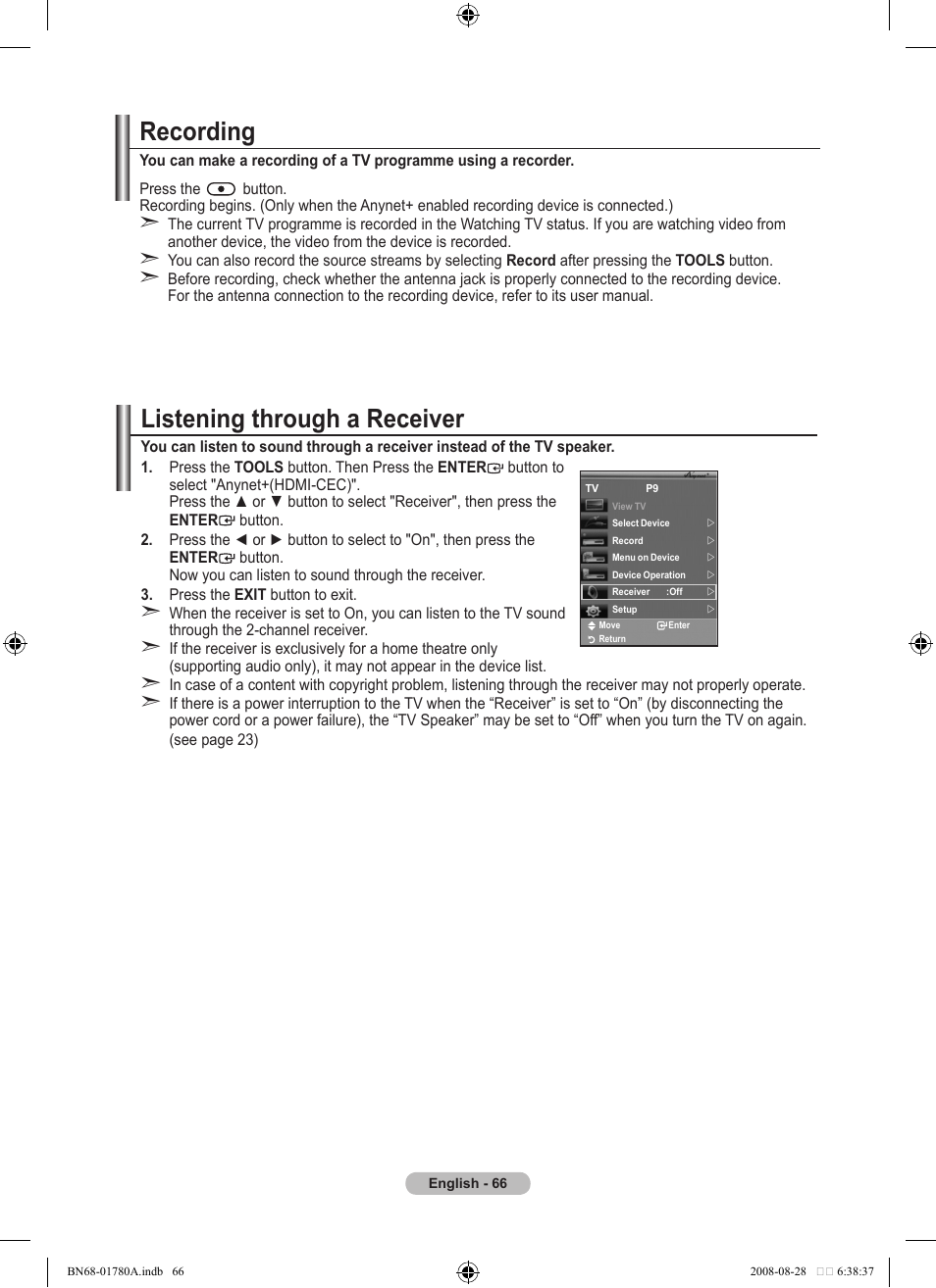 Recording, Listening through a receiver | Samsung BN68-01780A-00 User Manual | Page 68 / 79
