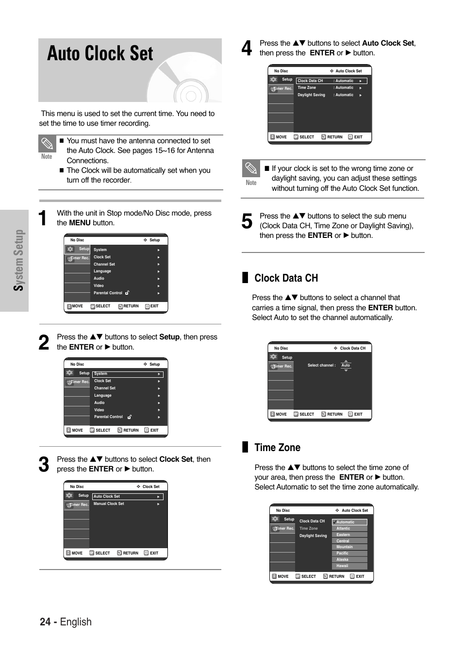 Auto clock set, System setup, 24 - english | Clock data ch, Time zone | Samsung DVD-VR325 User Manual | Page 24 / 90