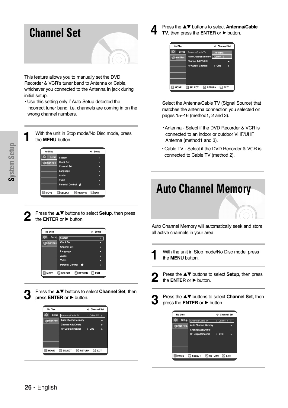 Channel set, Auto channel memory, System setup | 26 - english | Samsung DVD-VR325 User Manual | Page 26 / 90