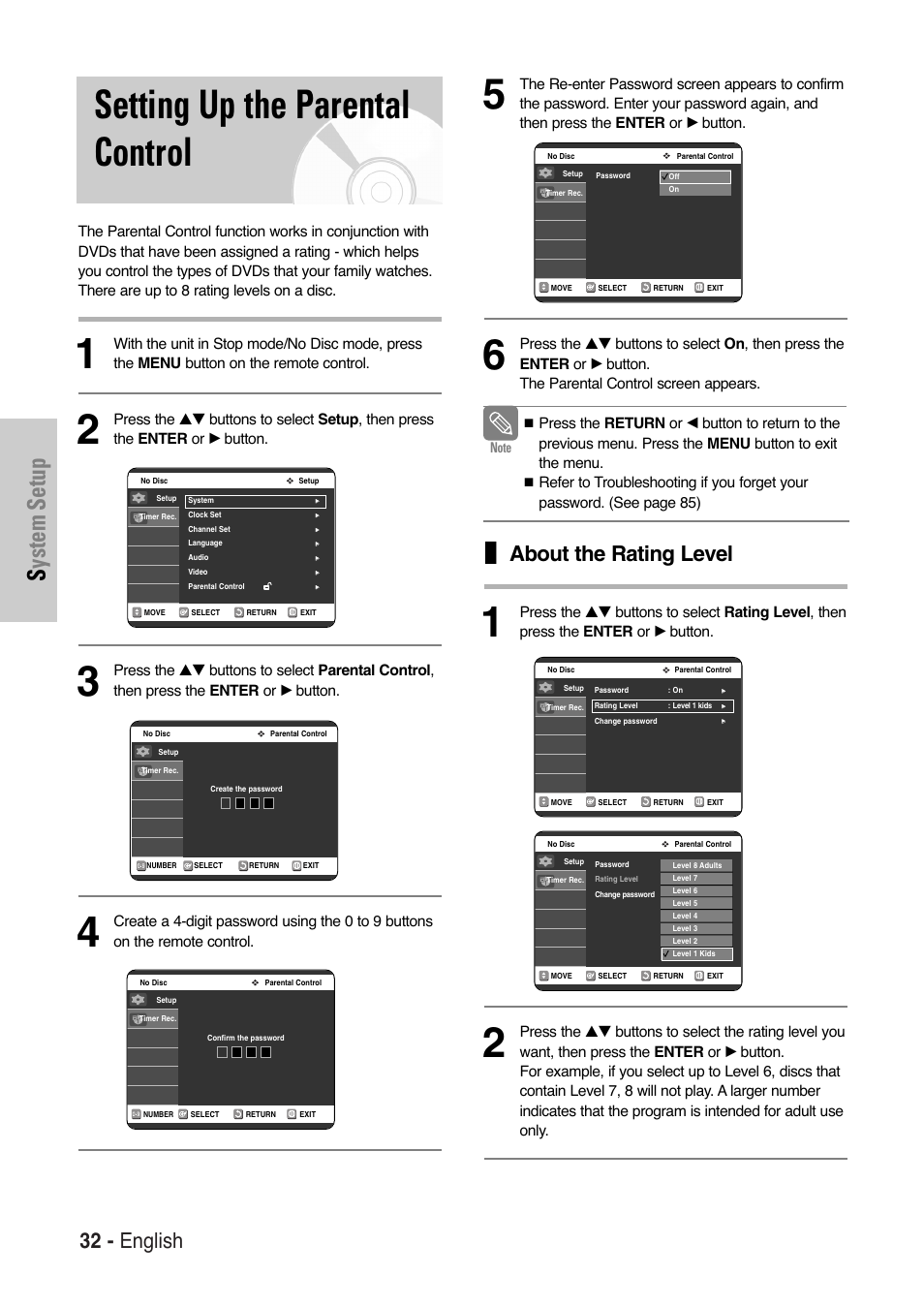 Setting up the parental control, System setup, 32 - english | About the rating level | Samsung DVD-VR325 User Manual | Page 32 / 90