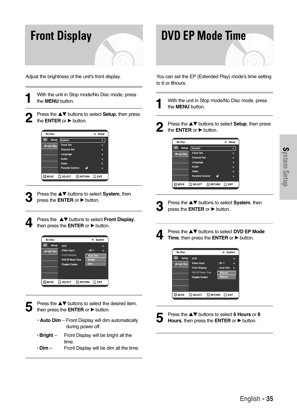 Front display, Dvd ep mode time, System setup | English - 35, Adjust the brightness of the unit’s front display | Samsung DVD-VR325 User Manual | Page 35 / 90