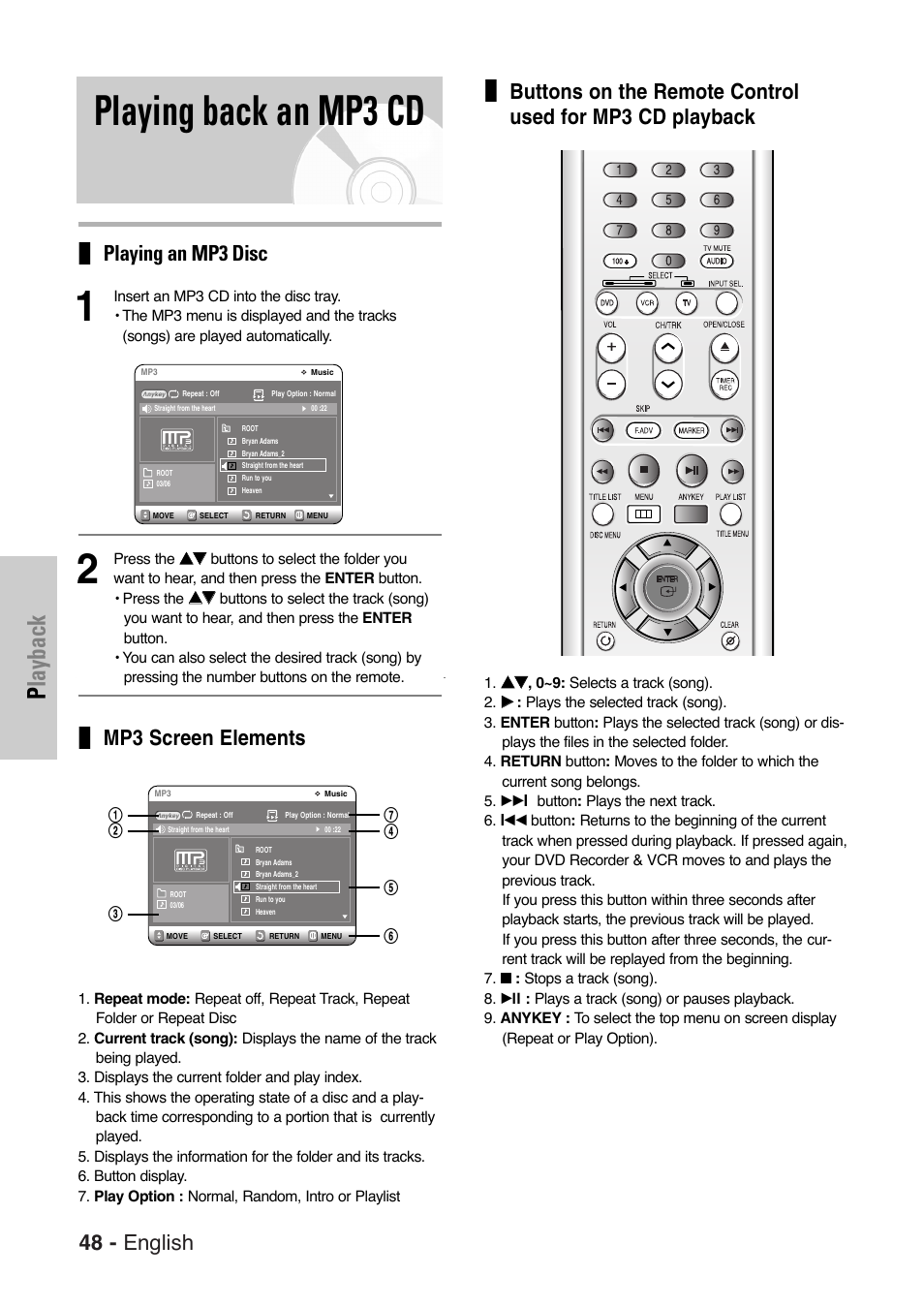 Playing back an mp3 cd, Playback, 48 - english | Playing an mp3 disc, Mp3 screen elements | Samsung DVD-VR325 User Manual | Page 48 / 90