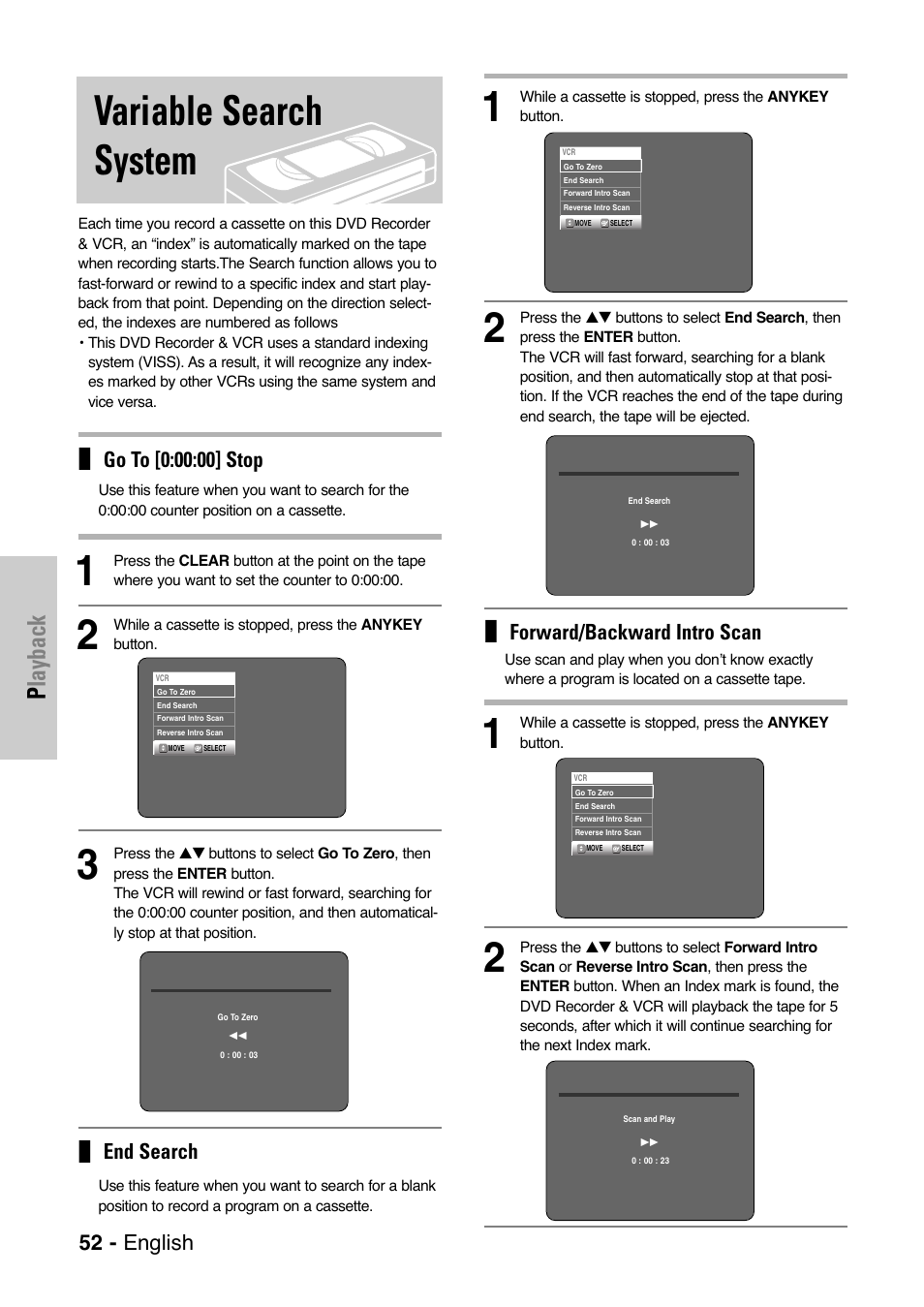 Variable search system, Playback, End search | 52 - english, Forward/backward intro scan | Samsung DVD-VR325 User Manual | Page 52 / 90