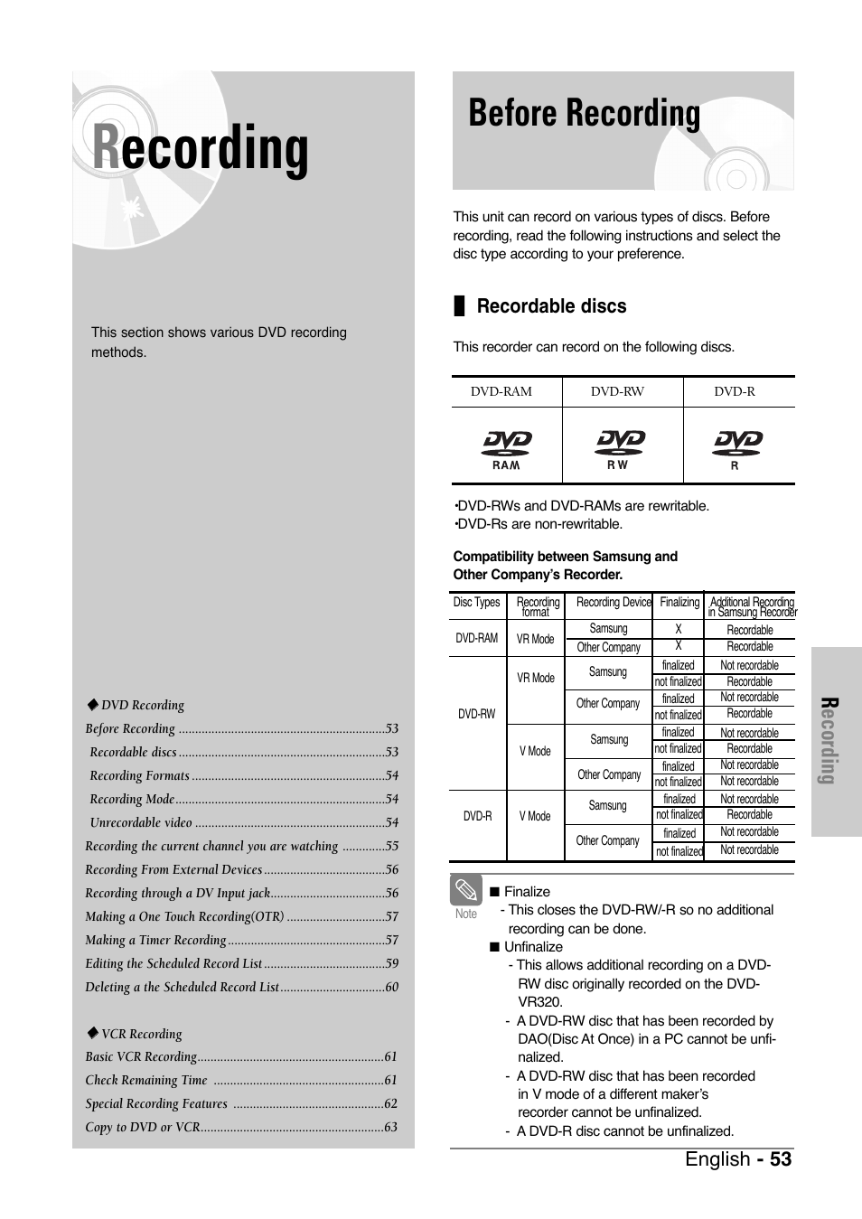 Recording, Before recording, Recordable discs | English - 53 | Samsung DVD-VR325 User Manual | Page 53 / 90