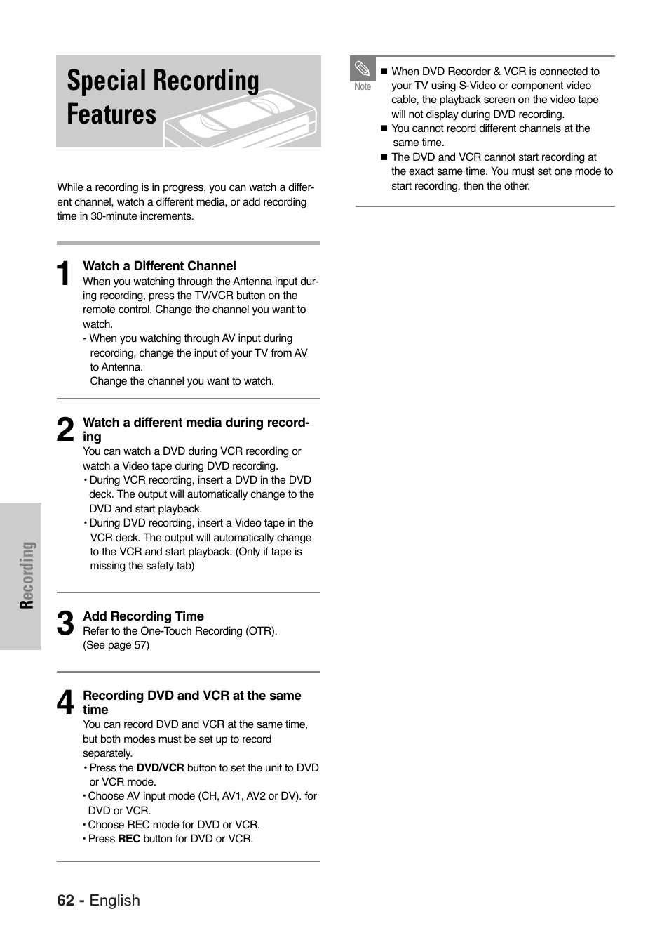 Special recording features | Samsung DVD-VR325 User Manual | Page 62 / 90