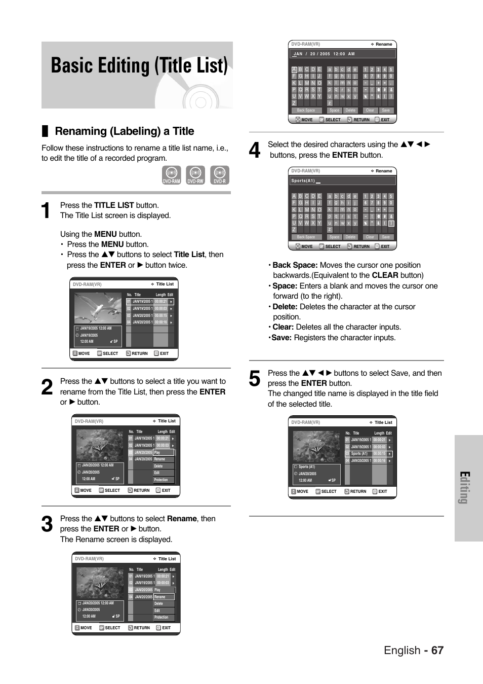 Basic editing (title list), Renaming (labeling) a title, Editing | English - 67 | Samsung DVD-VR325 User Manual | Page 67 / 90