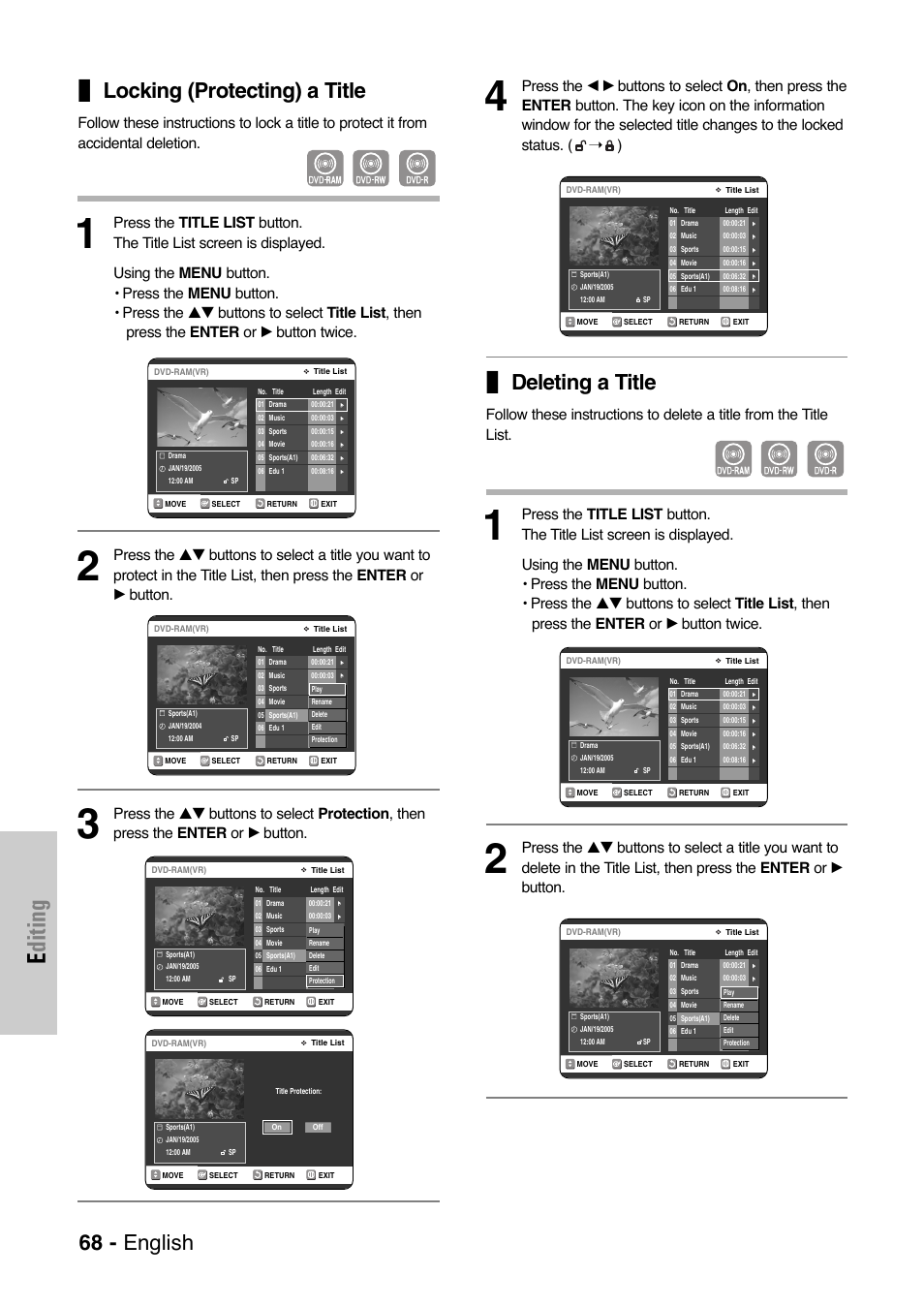 Locking (protecting) a title, Deleting a title, Editing | 68 - english | Samsung DVD-VR325 User Manual | Page 68 / 90