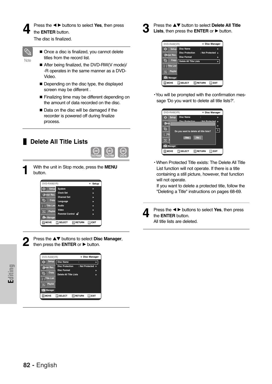 Delete all title lists, Editing, 82 - english | With the unit in stop mode, press the menu button | Samsung DVD-VR325 User Manual | Page 82 / 90