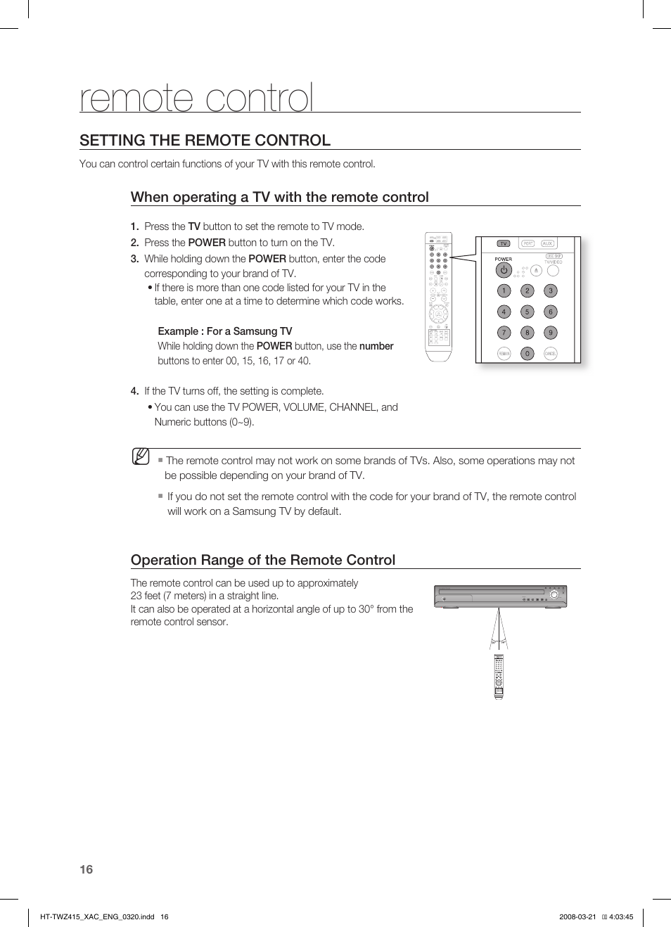 Setting the remote control, Remote control | Samsung HT-TWZ415 User Manual | Page 16 / 75