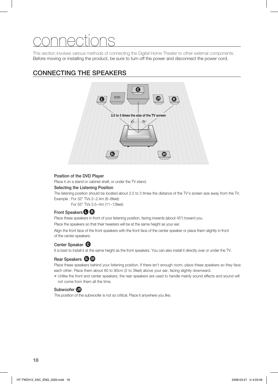 Connections, Conecting the speakers, Installing the wall mount | Connecting the speakers | Samsung HT-TWZ415 User Manual | Page 18 / 75