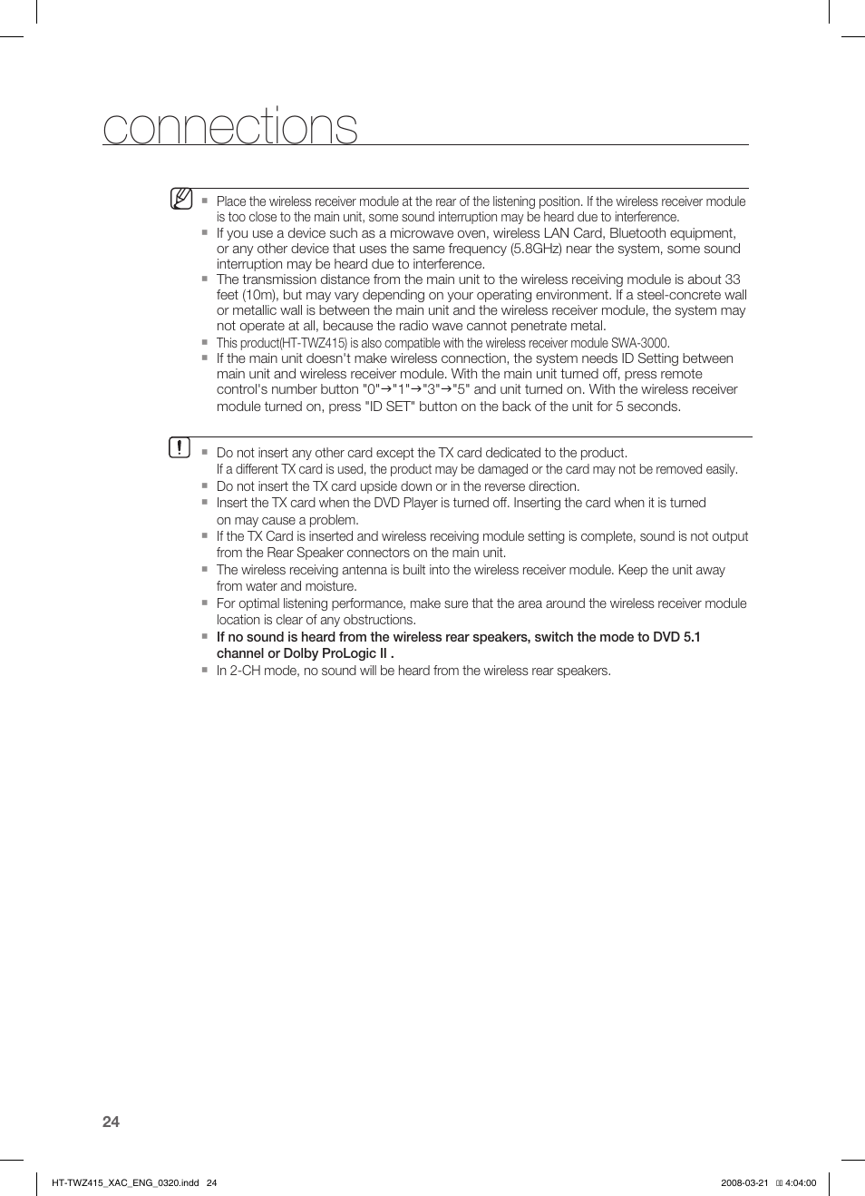 Connecting the video out to your tv, Connections | Samsung HT-TWZ415 User Manual | Page 24 / 75
