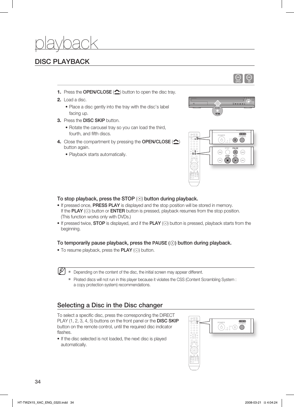 Mp3/wma-cd playback, Playback, Disc playback | Samsung HT-TWZ415 User Manual | Page 34 / 75